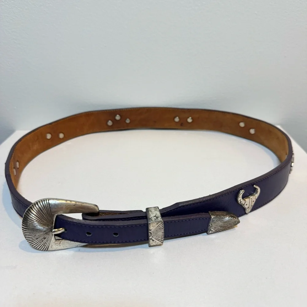Silver Creek Vintage‎ 90s Y2K Navy Women's Concho Belt 32 Leather Western Animal